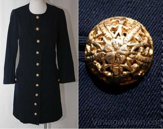 Size 10 Designer Navy Gabardine Dress with Antique