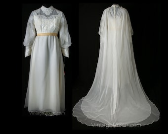Vintage Wedding Dress - Beautiful 1960s Chiffon Bridal Gown & Sheer Train - Size 8 Romantic Antique Style NWT Deadstock - Bust 36.5 - 31834