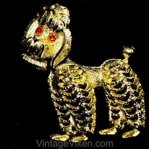 Nodding Poodle 1950s Brooch - Cute Gold Hued Frou Frou Dog - Kitsch 50s 60s Nodder Trembler - Canine Novelty Pin - Orange Rhinestone Eyes