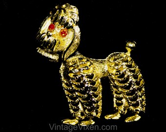 Nodding Poodle 1950s Brooch - Cute Gold Hued Frou Frou Dog - Kitsch 50s 60s Nodder Trembler - Canine Novelty Pin - Orange Rhinestone Eyes