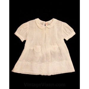 White Toddler Dress - Size 6 Months - 1950s Fine Cotton Frock - Antique Style - Daisy Pink & Green Embroidery - Hand Sewn Tucks - 43449
