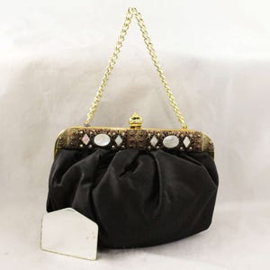 1950s Black Satin Purse - Elegant Pouf Bag with Jeweled Frame - Deadstock 50s Formal Purse - Evening Handbag with Gold Lining - 48102