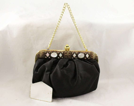 1950s Black Satin Purse - Elegant Pouf Bag with J… - image 1