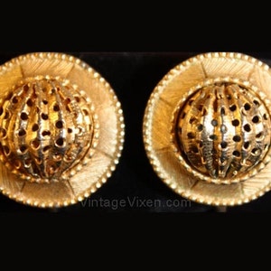 Sophisticated 60s Pierced Orb Earrings - Goldtone Gold Color Metal - 1960s Classic Clips - Atomic Age - Flying Saucer Shapes - 34680-1