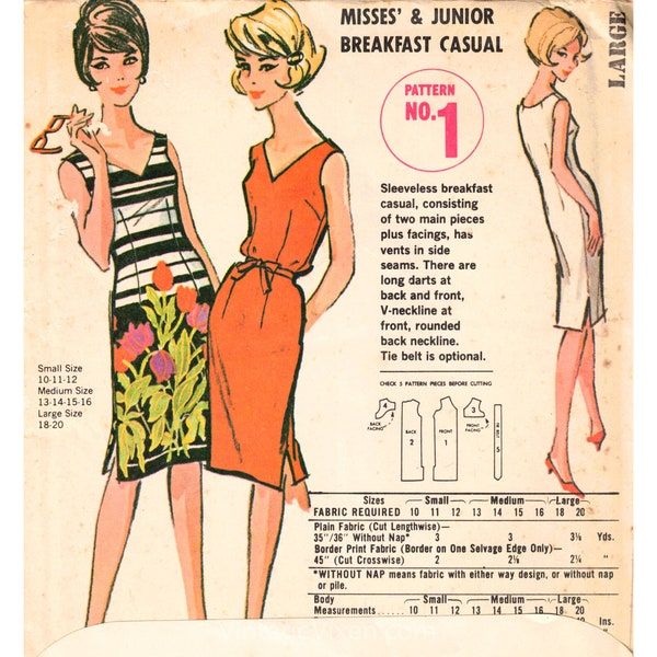 1960s Large Dress Sewing Pattern - Misses Bust 38 40 - Sleeveless Summer Darted Shift with Side Slits - 60s McCalls Quaker Oats Promo