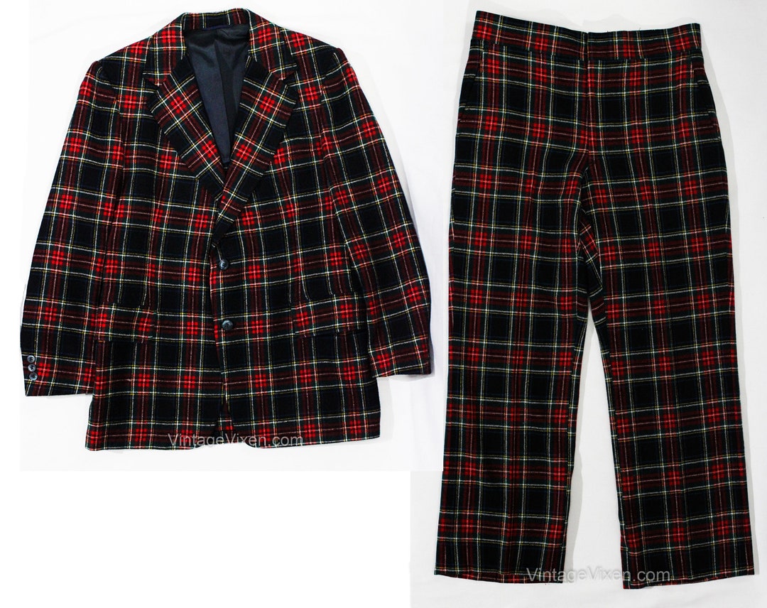 Men's Red Plaid Suit Tartan Plaid Wool Tailored Holiday Jacket & Pant