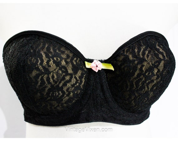 1950s Black Strapless Bra Size 32B Burlesque Padded Underwire Bra Brassiere  Sexy Pin up Girl Lingerie NWT Deadstock Va-va-voom 32 B 