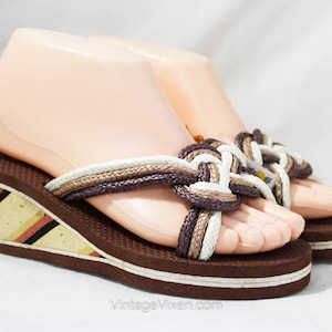 Size 5 Retro Sandals - 1970s Brown Summer Shoes - Three Color Mules Wedges Platform Heels - Open Toe 70s Espadrilles - Casual Deadstock