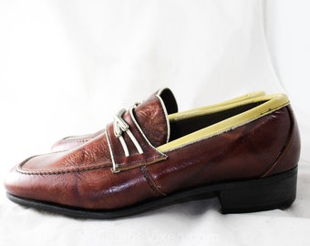 Men's 1960s Shoes Size 9 1/2 - Deadstock Hip Pearlized Brown Mens Loafers - Superb Two Tone with Streamlined Mod Buckles - 9.5 D NIB NOS