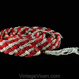 Beaded Braid Belt with Tassels - Red & Silver Glass Beads with Goldtone Metal Details - Small Medium - Striped 1960s Goddess Tie Sash