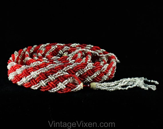 Beaded Braid Belt With Tassels - Red & Silver Glass Beads  display picture 3