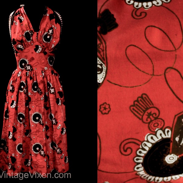Size 8 1950s Sun Dress - Coral Orange Medallion Print Cotton - Resort 50s Reproduction Summer Halter in Gorgeous Vintage Fabric - Waist 27