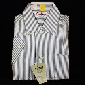 Size 6 Boy&#39;s Dress Shirt - 1950s Dark Gray & White Striped Cotton Oxford - Child&#39;s Short Sleeve 50s 60s Chambray Stripe - NOS Deadstock