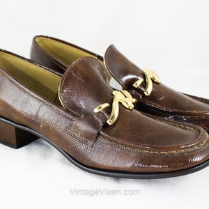 Size 7 Brown Loafers - Unworn 1960s Glossy Patent Leather Style Shoes - Hipster Mod 60s Pumps - Brassy Metal Bit Buckle - Hip Preppie NIB 7N