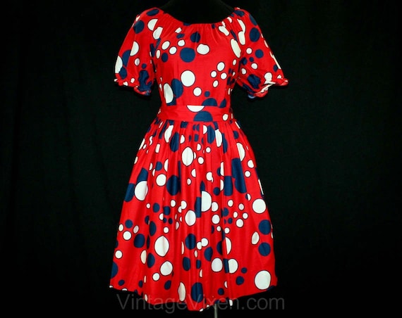 Size 6 Red Bubbles Peasant Dress - 1950s 1960s Dot