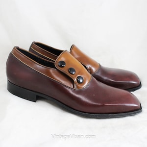 Antique Style Men&#39;s Shoes - Size 8.5 1960s Two Tone Brown Loafers with Buttons - Dapper Victorian Gentleman - NOS 60&#39;s 70&#39;s Deadstock NIB