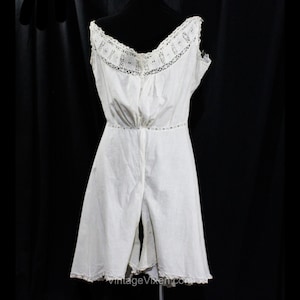 Authentic Antique Chemise Step-In Lingerie - Edwardian 1900s White Cotton Camisole Panty Combination - Split Crotch - Medium Large Bust 40