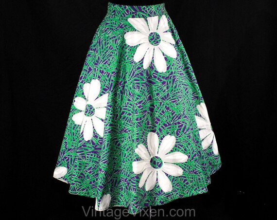 XXS 1950s Daisy Print Full Skirt - Size 2 Green &… - image 8