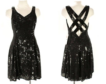 Black Cocktail Dress - Medium 1990s Black Beads Sequins & Silk - Bias Cut Flirty Flare Skirt - Criss Cross Back Neckline - NWT Deadstock