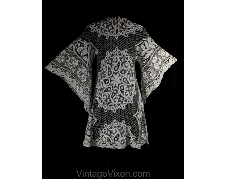 60s 70s Paisley Hippie Bust 34-50760 Size 6 Boho 1960s Lace Mini Dress Small Ivory Net Bohemian Festival Dress Angel Flare Sleeves