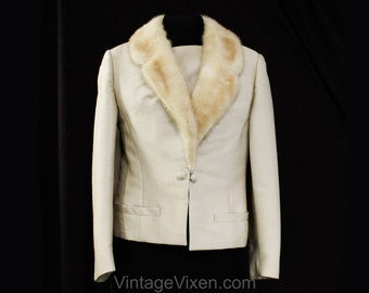 Size 8 Suit Jacket with Fur Collar - Beautiful 1960s Beige Taupe Wool Blazer - Gorgeous Mink Trim - Made In Germany - Small Medium - Bust 35