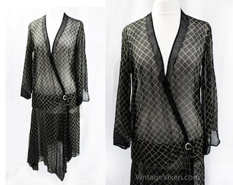 1920s Flapper Dress - Large Authentic 20s Sheer Black Silk - Size 12 Long Sleeve Lattice Print - Shell Buckle - Handkerchief Hem - Bust 42