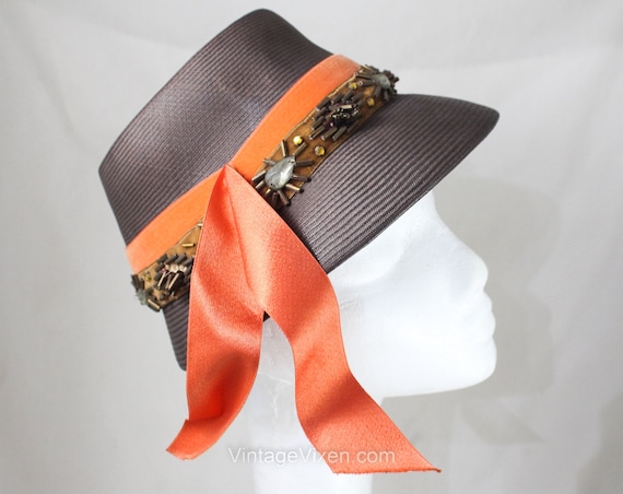 1960s Straw Hat With Pumpkin Velvet & Beadwork  display picture 1