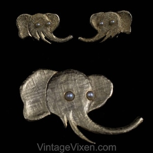 Elephant Brooch & Earrings by Freides NYC Collectible 1970s 80s Novelty Pin Gold Hue Metal with Faux Pearl Eyes African Animal 50582 image 1
