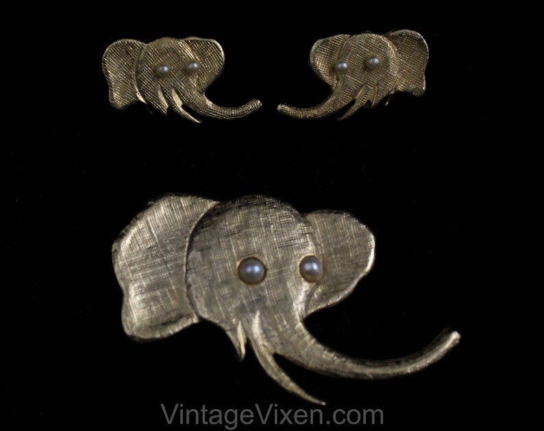 Elephant Brooch & Earrings by Freides NYC Collectible 1970s 80s Novelty Pin Gold Hue Metal with Faux Pearl Eyes African Animal 50582 image 1