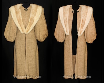 1930s Dress with Balloon Sleeves - Authentic 30s Old Hollywood Toffee Tan Wool Zip Front - Fur Collar - Paramount Pictures Provenance - M