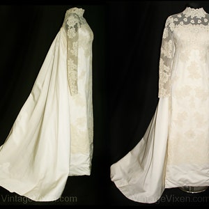 Vintage Wedding Dress - Size 8 Fine Lace & Satin Empire 60s Bridal Gown by Priscilla of Boston - Attached Train - Bust 36 - NWT Deadstock