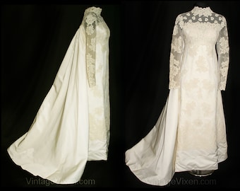 Vintage Wedding Dress - Size 8 Fine Lace & Satin Empire 60s Bridal Gown by Priscilla of Boston - Attached Train - Bust 36 - NWT Deadstock
