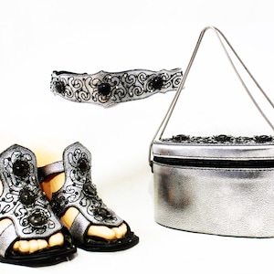 1960s Silver Box Purse, Size 5 1/2 Gladiator Shoes, and Belt Set - Metallic Leather with Rhinestones, Cord & Studs - 60s Sandals by Sbicca