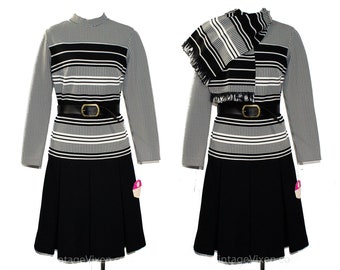 Size 10 Mod Dress & Scarf Set - 1960s Black White Stripe Knit Long Sleeve Scooter Dress - Pleated Skirt - Original Belt - 60s NWT Deadstock