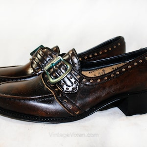 Size 6 Leather Loafers - Never Worn 1960s Mod Brown Hipster Shoes - 60s Brogued Pumps - Modernist Buckles - NOS 6AA Narrow