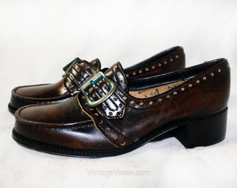 Size 6 Leather Loafers - Never Worn 1960s Mod Brown Hipster Shoes - 60s Brogued Pumps - Modernist Buckles - NOS 6AA Narrow