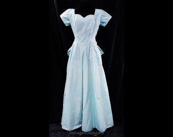 1940s Evening Dress - Aqua Blue Nylon - Small Size 4 Sea Green Formal Gown - Pouf Bustle Back - Long Ankle Length - Post WWII - Waist 25