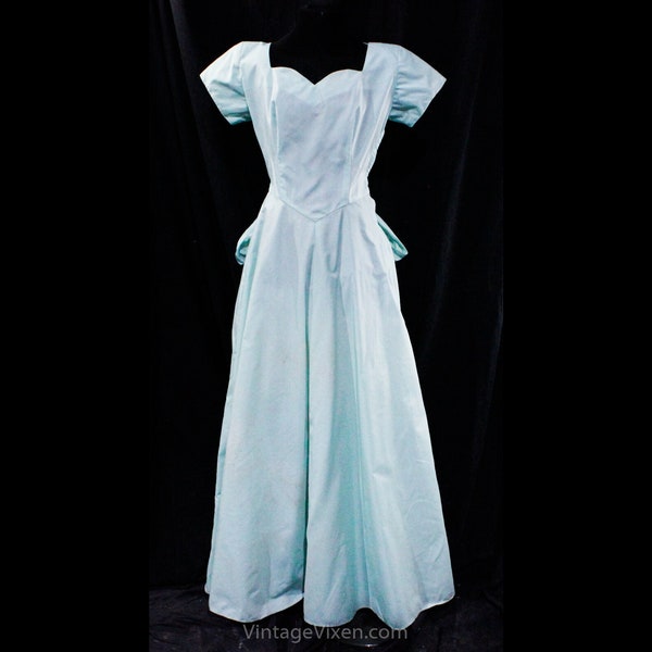 1940s Evening Dress - Aqua Blue Nylon - Small Size 4 Sea Green Formal Gown - Pouf Bustle Back - Long Ankle Length - Post WWII - Waist 25