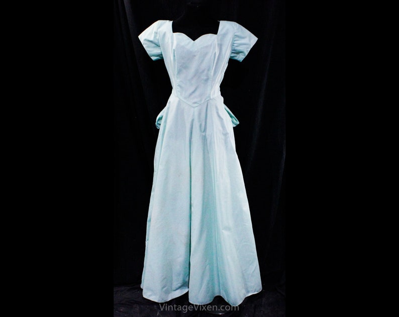 1940s Evening Dress Aqua Blue Nylon Small Size 4 Sea Green Formal Gown Pouf Bustle Back Long Ankle Length Post WWII Waist 25 image 1