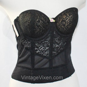 34A Strapless Bra - Sexy 1950s 60s Pin Up Girl Lingerie - Black Padded Bust Lace Backless Bustier with Pink Rosette - 34 A Long Line NOS NWT
