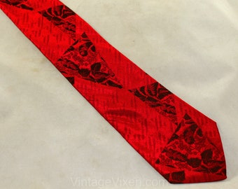 50s Red Men's Tie - 1950s Maroon Tropical Leaves Mens Necktie - Triangles Brocade - Men's Mid Century Haberdashery - Bamba's Label Italy