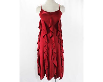XXS Sexy 1970s Disco Dress - Rouge Red Shimmery Knit Strappy Summer 70s Sheath with Goddess Style Ruffles - Size 000 Bust 30 Gorgeous