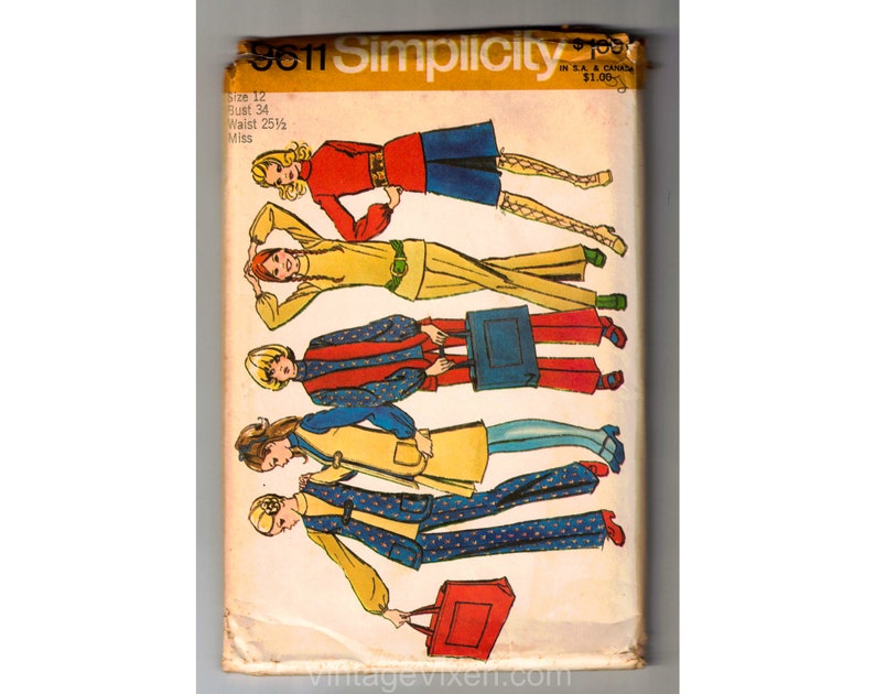 May include: Vintage Simplicity sewing pattern number 9811 for a miss's dress. The pattern shows five different styles of dresses with various colors and patterns. The pattern is for size 12, bust 34, waist 25 1/2 inches.