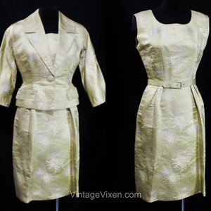 XS 1950s Evening Suit - Gorgeous Gold and Silver Dress & Jacket Set - Size 2 Exceptional Custom Made Metallic Silk Satin Brocade - Waist 24