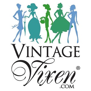 May include: A logo for a business called "Vintage Vixen" featuring five stylized women in blue, green, and teal silhouettes. The women are wearing dresses and holding accessories. The text "Vintage Vixen" is in black with a decorative script font and the website address "vintagevixen.com" is below the text.