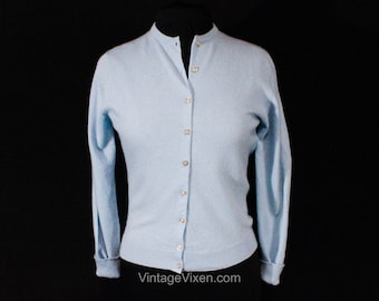 Blue Cashmere Cardigan - 1950s Scottish Pringle Label - 50s Spring Sky Blue Button Front Sweater - Sublime Softness - Medium - Bust 35