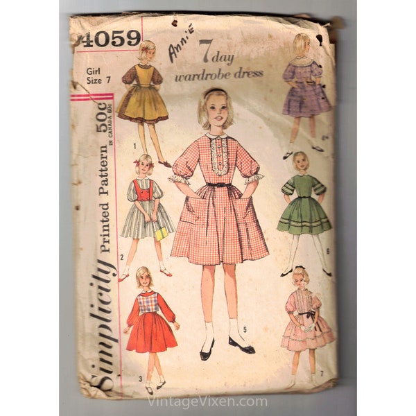 1950s Girl's Dress Sewing Pattern - 50's Childs Size 7 Full Skirted Frock Apron Vest - Seven Days A Week Wardrobe Theme - Simplicity 4059