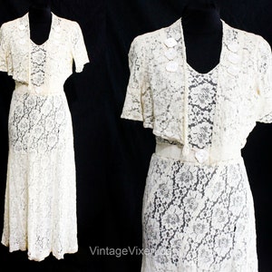 1930s Lace Dress - Medium Cream Floral Sleeveless 30s Formal Gown & Cropped Jacket with Deco Buttons - Authentic 30&#39;s Glam - Size 10 Bust 38
