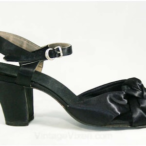Size 4.5 Black Satin Heels - Gorgeous Pin Up Girl 40s 50s Open Toe Shoes - 4 1/2 Elegant Glamour Pumps - 1940&#39;s Deadstock - Pristine