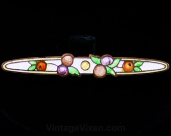 1920s Deco Fruits Brooch - 20s - 30s - Pastel - Enamel - Bar Pin - Fruit - Berries - Charming - Art Deco - Cloisonne - Spring - 42543